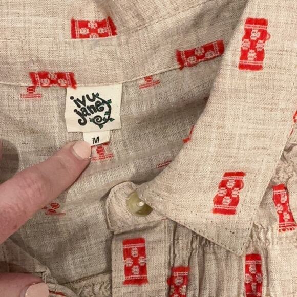 Ivy Jane Button Down Khaki Red 100% Cotton Short Sleeve Flowy Boho Top Size Med - Picture 5 of 8